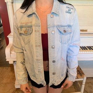 Forever 21 jean jacket with trendy catch phrases
